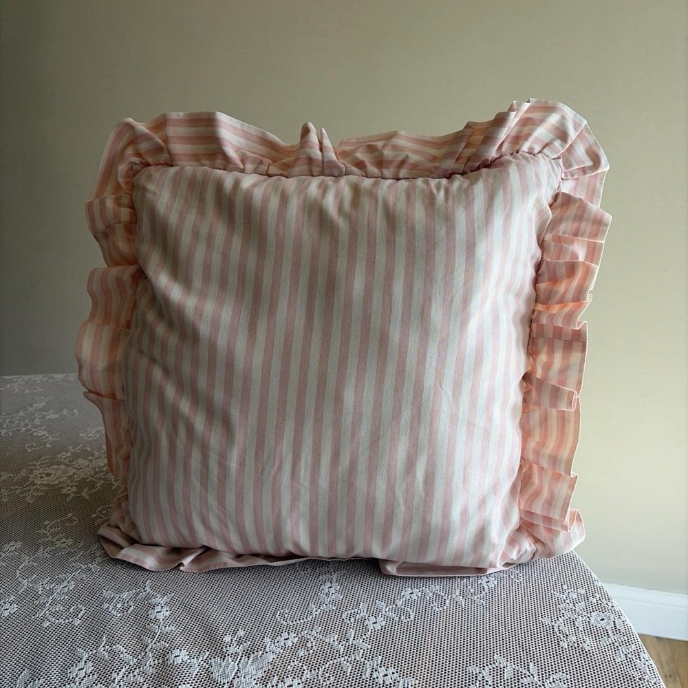 Vintage Ruffled Throw Pillow Pink White Stripe Cottagecore Farmhouse Decor 18"